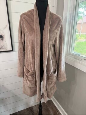 Natori Plush Fleece Cardigan Robe Pockets Taupe Women’s L/XL